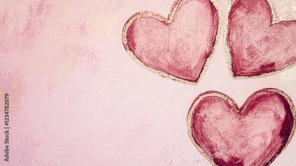 Fototapeta premium Valentine mockup card blank text festive decorations love celebration. Three Pink Painted Hearts on Textured Pink Background with Golden Brush Strokes and Accents.