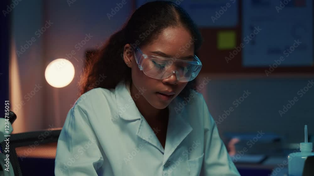 Young female scientist wearing lab coat and protective glasses, diligently working on her laptop and carefully examining samples in a modern, illuminated laboratory Young female scientist wearing lab coat and protective glasses, diligently working on her laptop and carefully examining samples in a modern, illuminated laboratory