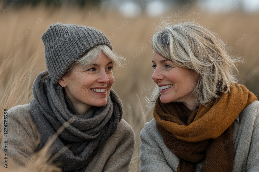 Obraz premium Two friends sharing a moment of joy while sitting outdoors in a golden field during a chilly afternoon