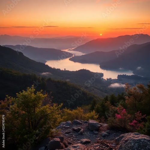 A breathtaking 3D 4K view of a valley at sunset, with a winding river flowing through it. The warm colors of the sky contrast with the lush greenery and rocky foreground, creating a tranquil yet