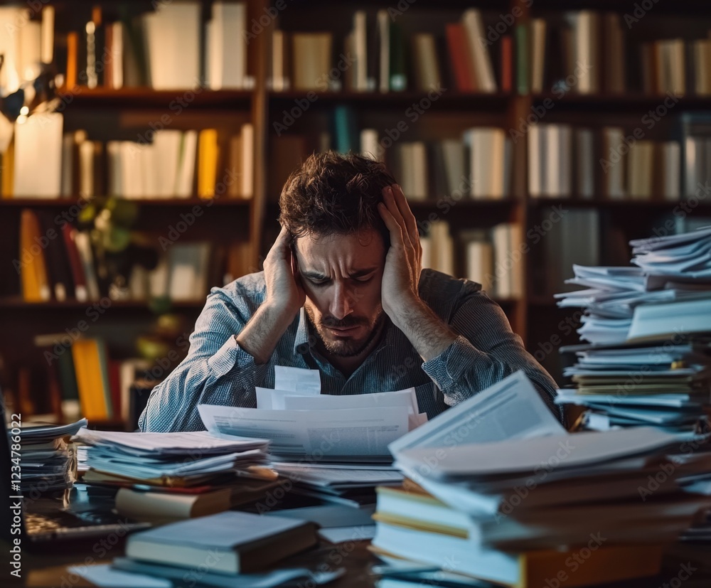 Overwhelmed man buried under paperwork, stressed and frustrated. Overwhelmed man buried under paperwork, stressed and frustrated.