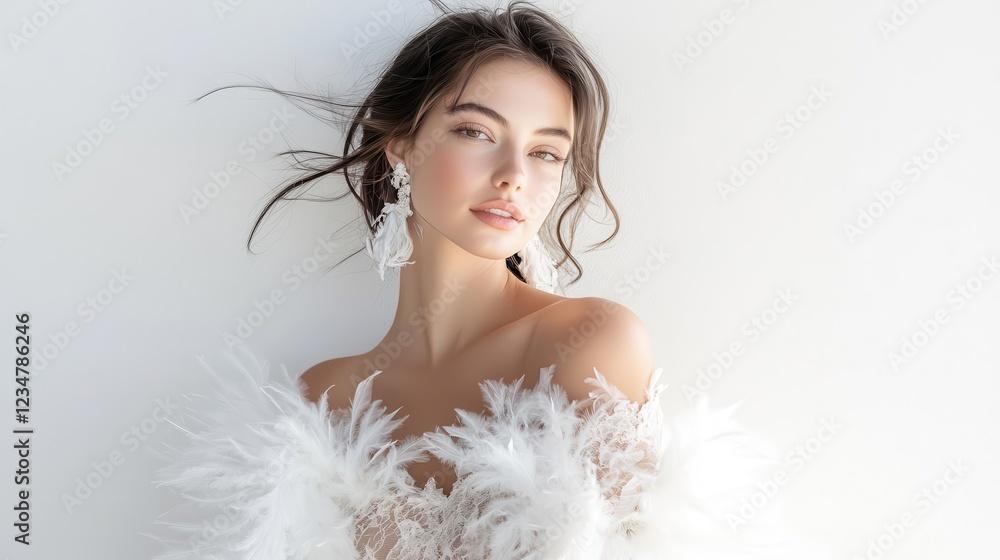 Elegant Portrait of Woman in Soft Feathers and Jewelry Elegant Portrait of Woman in Soft Feathers and Jewelry