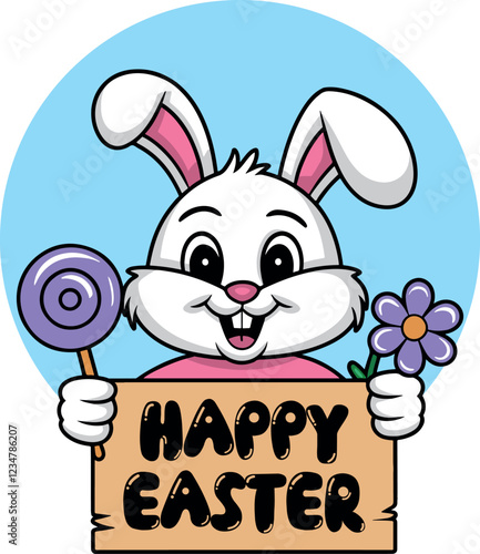 Happy easter cute bunny holding happy easter sign with lilly vector art
