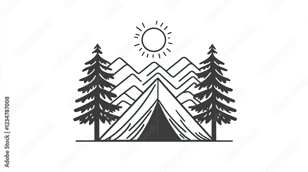 Obraz premium Mountain camping tent graphic, sunny day, pine trees, adventure travel design