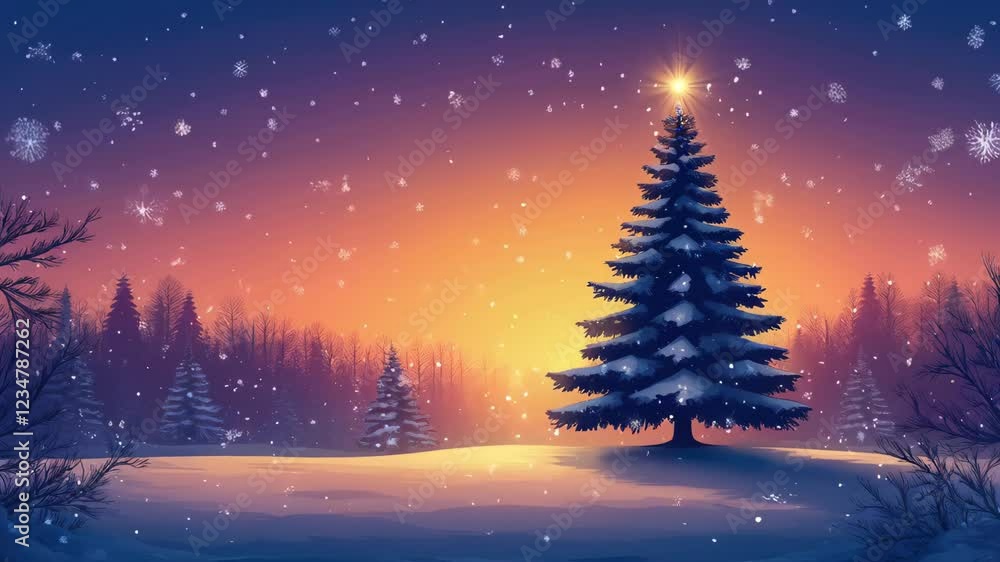 Snowy christmas tree at sunset with falling snowflakes over winter landscape Snowy christmas tree at sunset with falling snowflakes over winter landscape