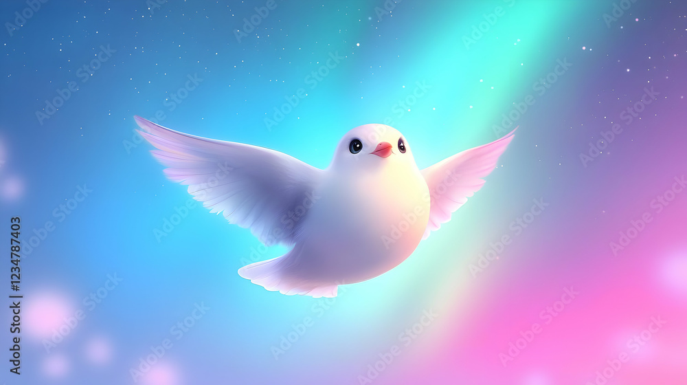Fototapeta premium White dove soaring, aurora borealis background, peace, hope