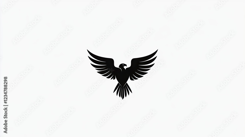 Fototapeta premium Black eagle silhouette soaring, white background, design element, logo