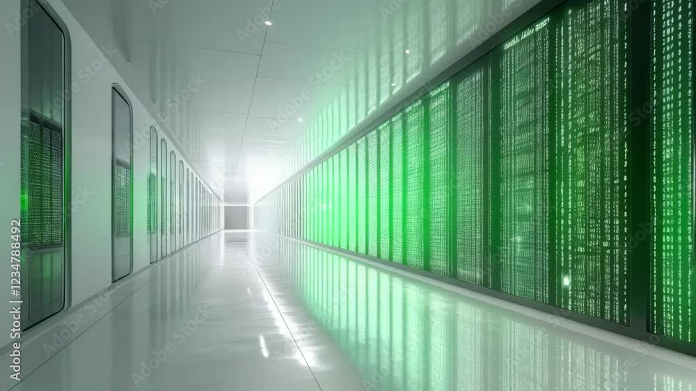 Green glow in data center corridor with server racks and reflective floor Green glow in data center corridor with server racks and reflective floor
