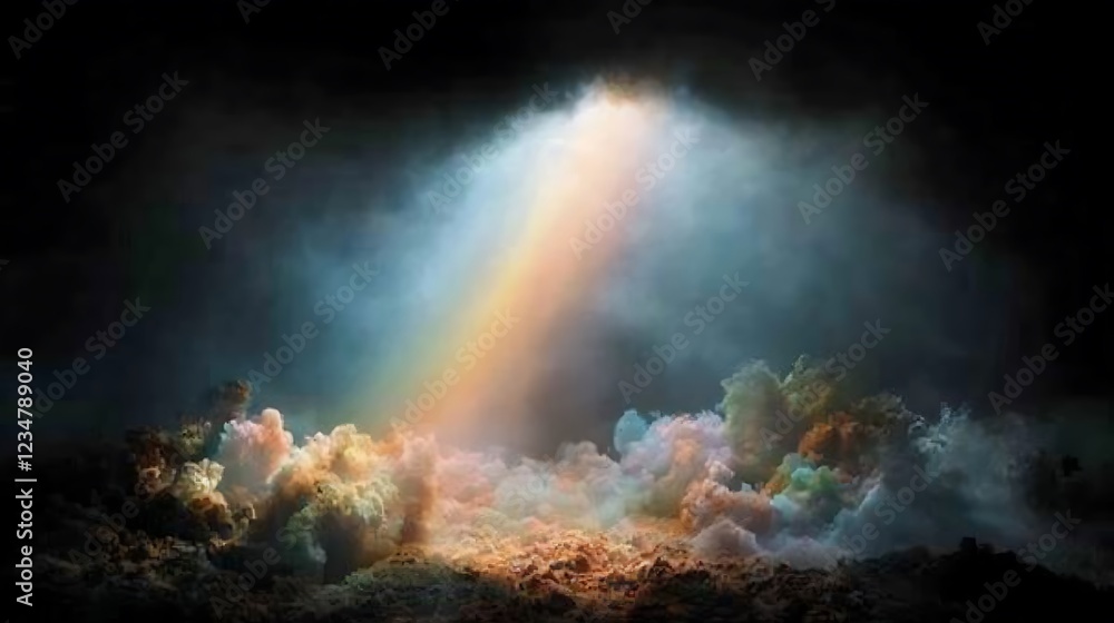Ethereal Light Beams Through Colorful Clouds Over a Dark Atmospheric Background Ethereal Light Beams Through Colorful Clouds Over a Dark Atmospheric Background