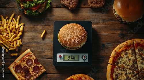 A single hamburger on a digital scale surrounded by various unhealthy foods like pizza, fries, and other burgers, signifying the need for portion control and healthy eating habits. photo