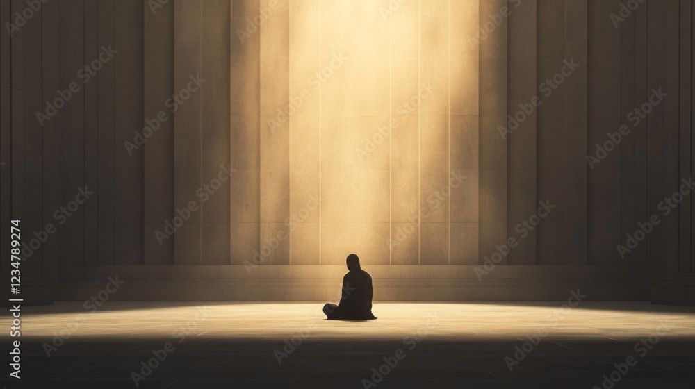 Obraz premium Silhouetted person meditating in a bright, minimalist room.