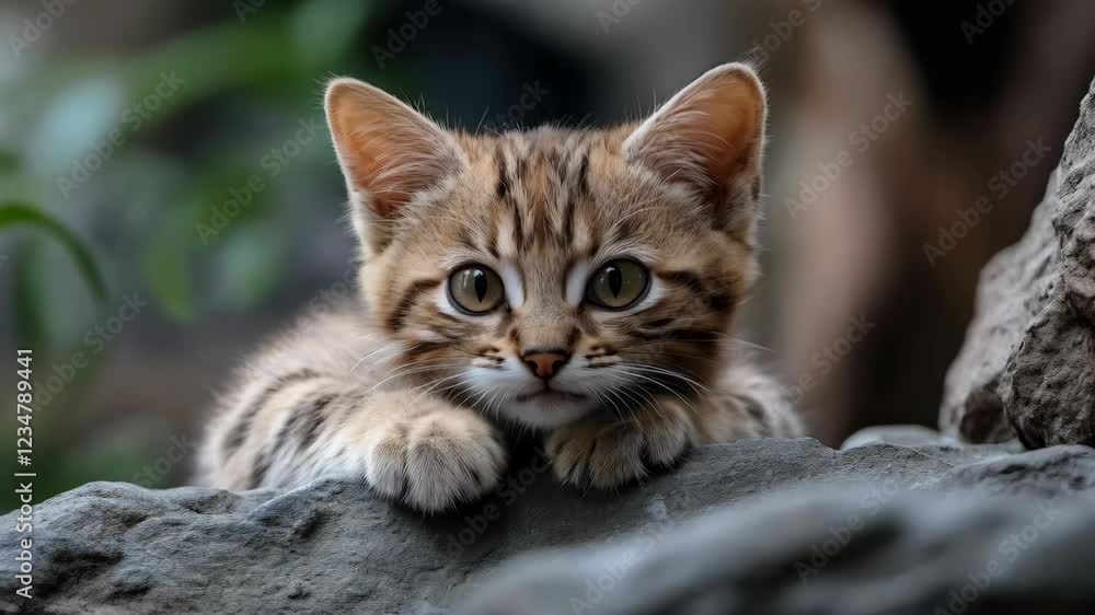 Curious cat peering over garden rocks with intensity and focus Curious cat peering over garden rocks with intensity and focus