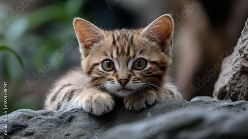 Wallpaper Mural Curious cat peering over garden rocks with intensity and focus Torontodigital.ca