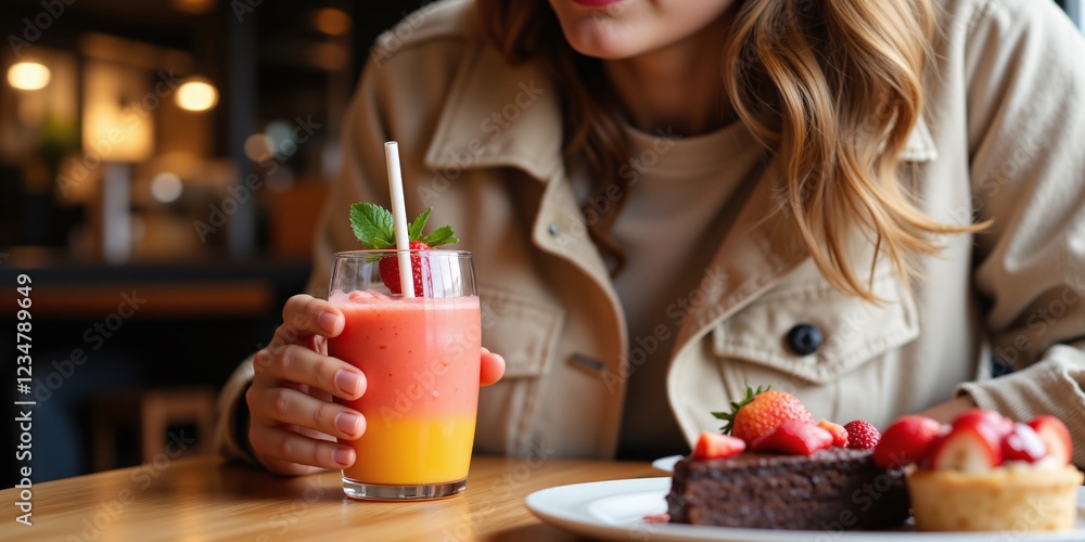 A woman savors a vibrant layered smoothie, garnished with fresh strawberries and mint, a delightful café moment. A woman savors a vibrant layered smoothie, garnished with fresh strawberries and mint, a delightful café moment.