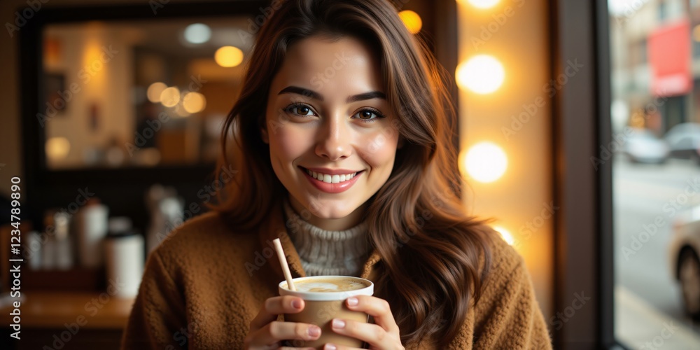 Smiling woman enjoys a warm latte in a cozy coffee shop, bathed in soft golden light. A perfect moment of simple pleasure. Smiling woman enjoys a warm latte in a cozy coffee shop, bathed in soft golden light. A perfect moment of simple pleasure.