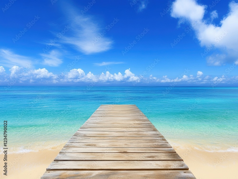 Fototapeta premium A tranquil wooden pier extends over crystal-clear turquoise waters, inviting relaxation and reflection under a bright blue sky dotted with fluffy white clouds.