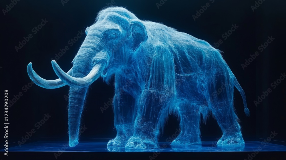 A luminous fiber mammoth stands proudly in a dimly lit space A luminous fiber mammoth stands proudly in a dimly lit space