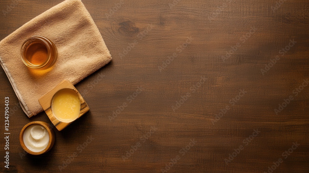A wooden table with a towel and three small bowls of different colors A wooden table with a towel and three small bowls of different colors