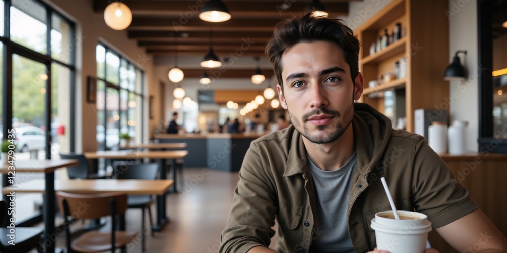 Young man thoughtfully sips coffee in a bustling cafe, lost in contemplation amidst the warm ambiance and gentle chatter. Young man thoughtfully sips coffee in a bustling cafe, lost in contemplation amidst the warm ambiance and gentle chatter.