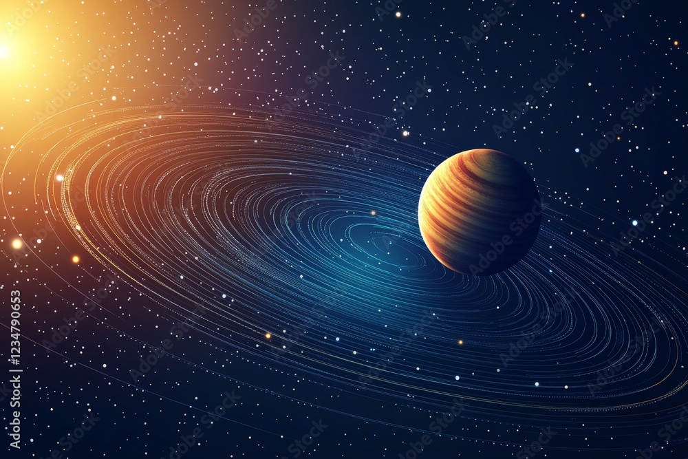 Bright gas giant surrounded by swirling rings in a vast cosmic landscape Bright gas giant surrounded by swirling rings in a vast cosmic landscape