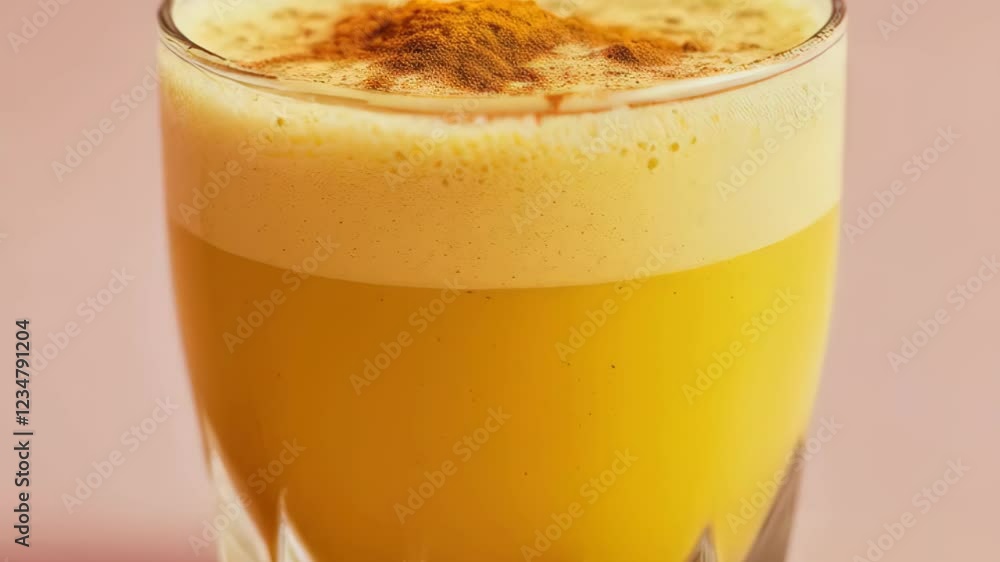 Frothy turmeric latte in glass with cinnamon topping on pink background