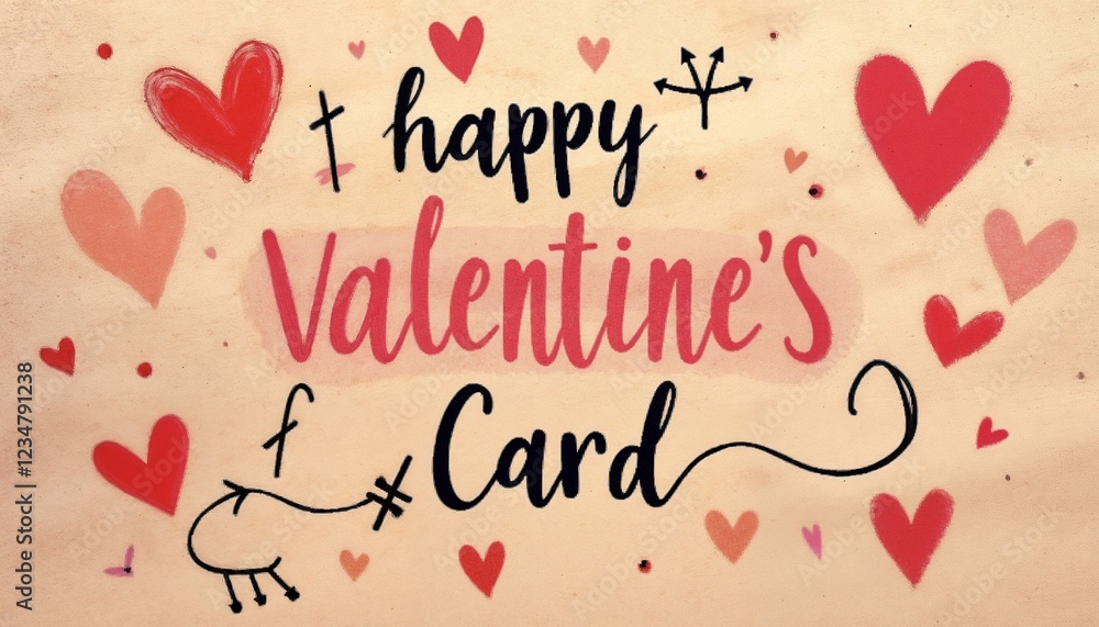 Romantic Hand-drawn Valentine's Card with Hearts and Doodles on Beige Background with Copy Space Romantic Hand-drawn Valentine's Card with Hearts and Doodles on Beige Background with Copy Space