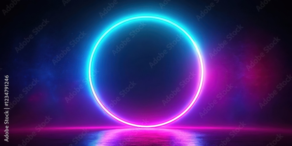 A glowing neon circle stands out against a dark blue and purple backdrop, casting a vibrant reflection on the surface below. A glowing neon circle stands out against a dark blue and purple backdrop, casting a vibrant reflection on the surface below.