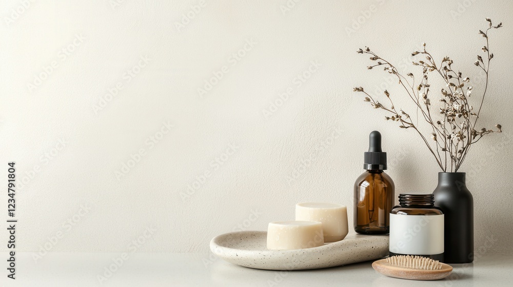 A white plate with two bars of soap sits on a counter next to a vase of flowers A white plate with two bars of soap sits on a counter next to a vase of flowers