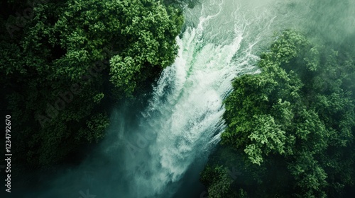 Aerial view of misty waterfall in lush green forest, nature background, travel