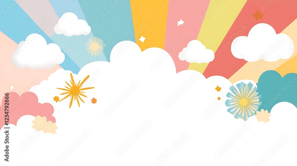 Bright and Cheerful Background with Colorful Rays, Soft Clouds, and Sunburst Elements for Creative Projects Bright and Cheerful Background with Colorful Rays, Soft Clouds, and Sunburst Elements for Creative Projects