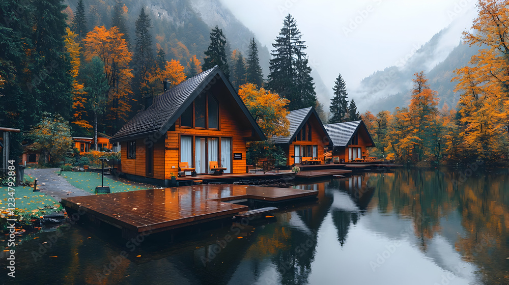 Fototapeta premium Autumn lake cabins, mountain view, misty day, travel