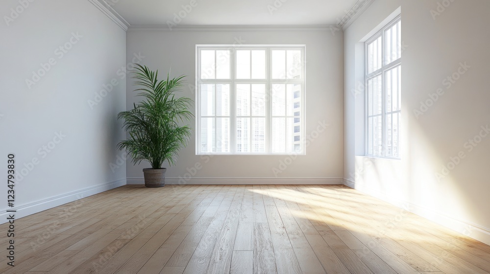 Fototapeta premium Empty Room with Sunlight Streaming Through Windows