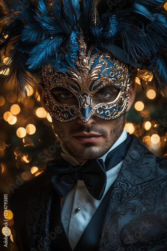 Handsome men in suit wearing a carnival mask