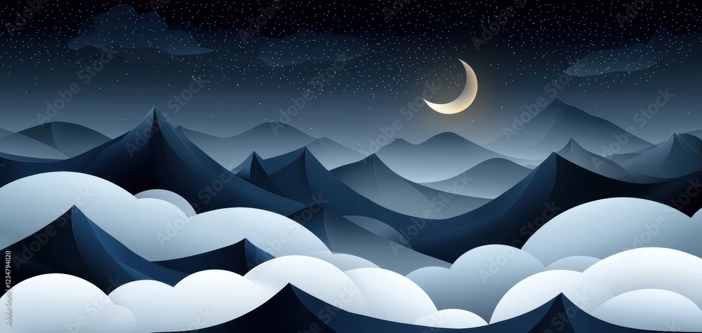 Obraz premium A serene night landscape featuring mountains, clouds, and a crescent moon under a starry sky, evoking tranquility and a sense of wonder.