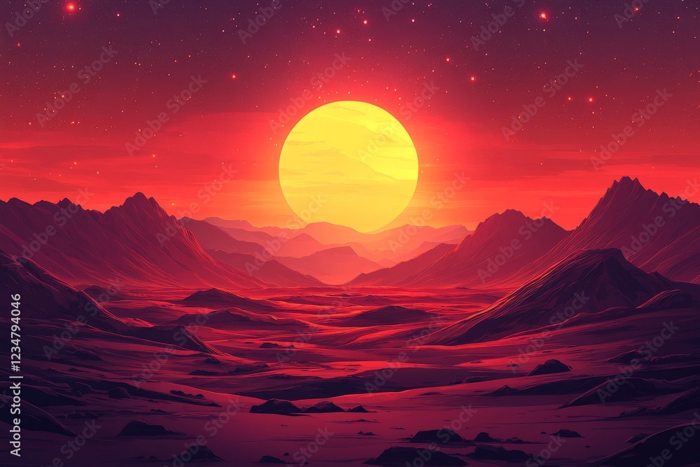 Vibrant sunset illuminating a distant mountain range with rich colors and dramatic sky Vibrant sunset illuminating a distant mountain range with rich colors and dramatic sky