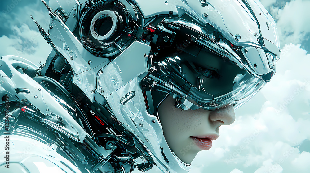 Futuristic robotic character with sleek helmet and detailed mechanical elements, set against a softly blurred sky background, highlighting advanced technology and design. Futuristic robotic character with sleek helmet and detailed mechanical elements, set against a softly blurred sky background, highlighting advanced technology and design.