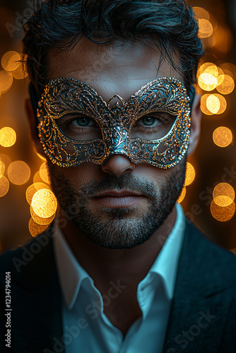 Handsome men in suit wearing a carnival mask