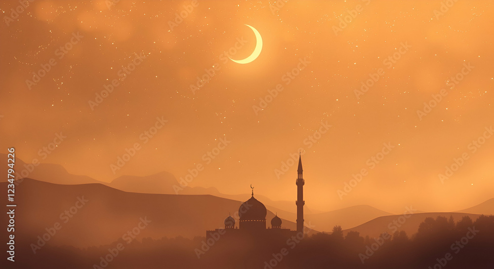 Obraz premium Ramadan night sky illustration with silhouetted backlighting and blurred bokeh effect. Sharp focus on the mosque silhouette, soft background, light source behind the subject.