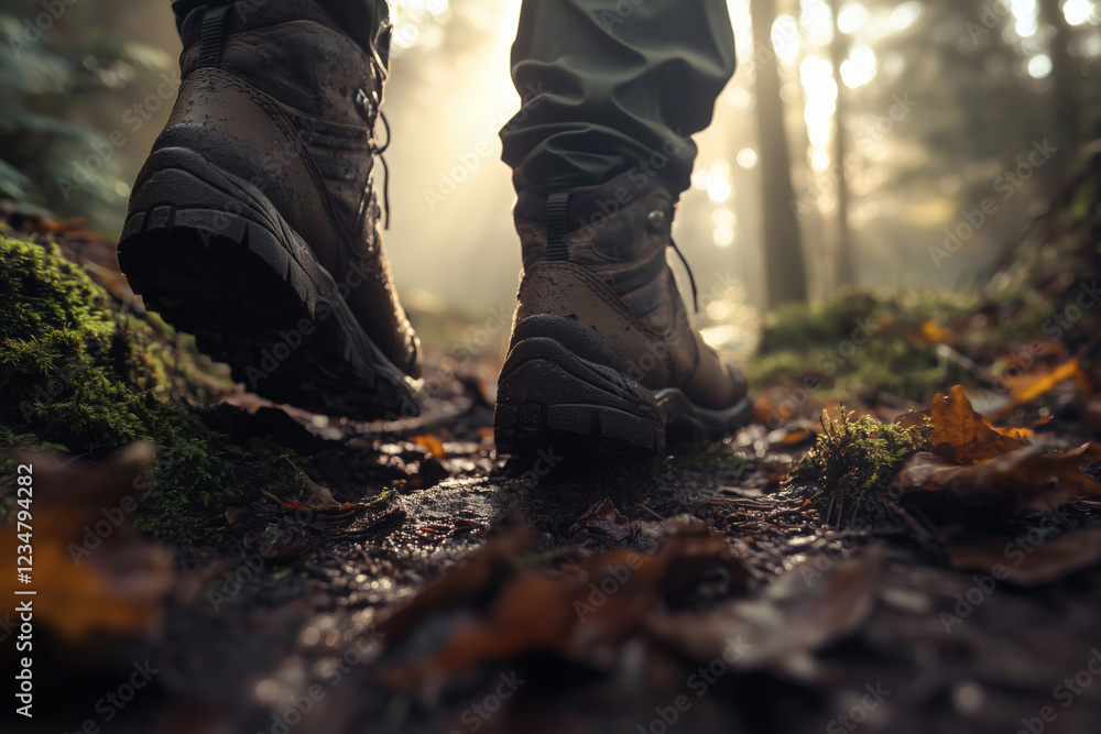 Hiking boots on a forest trail. Hiking boots on a forest trail.