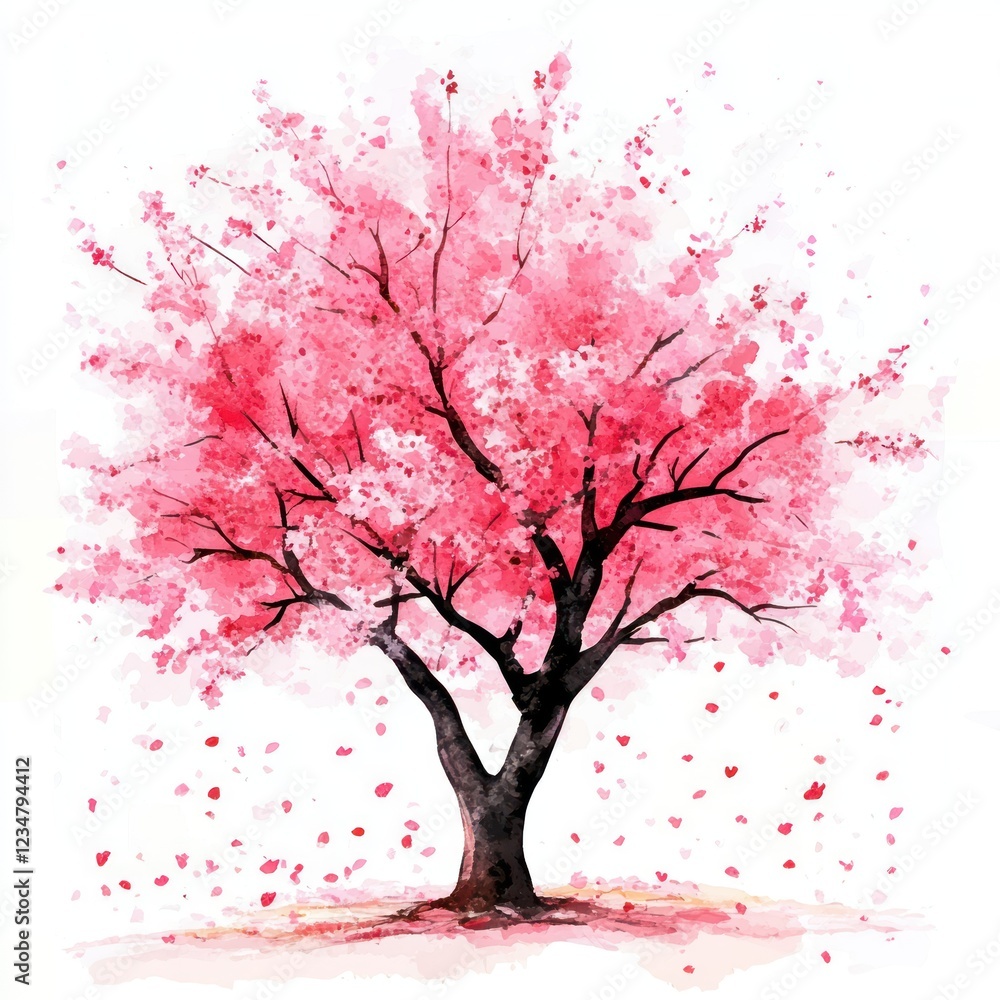 Fototapeta premium Watercolor Painting of a Blossoming Pink Cherry Tree