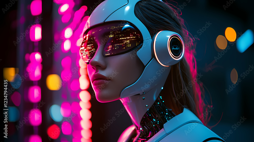 Futuristic female robot wearing sleek visor goggles with colorful neon lights in the background amidst a cyberpunk cityscape during nighttime, blending technology and aesthetics. Futuristic female robot wearing sleek visor goggles with colorful neon lights in the background amidst a cyberpunk cityscape during nighttime, blending technology and aesthetics.