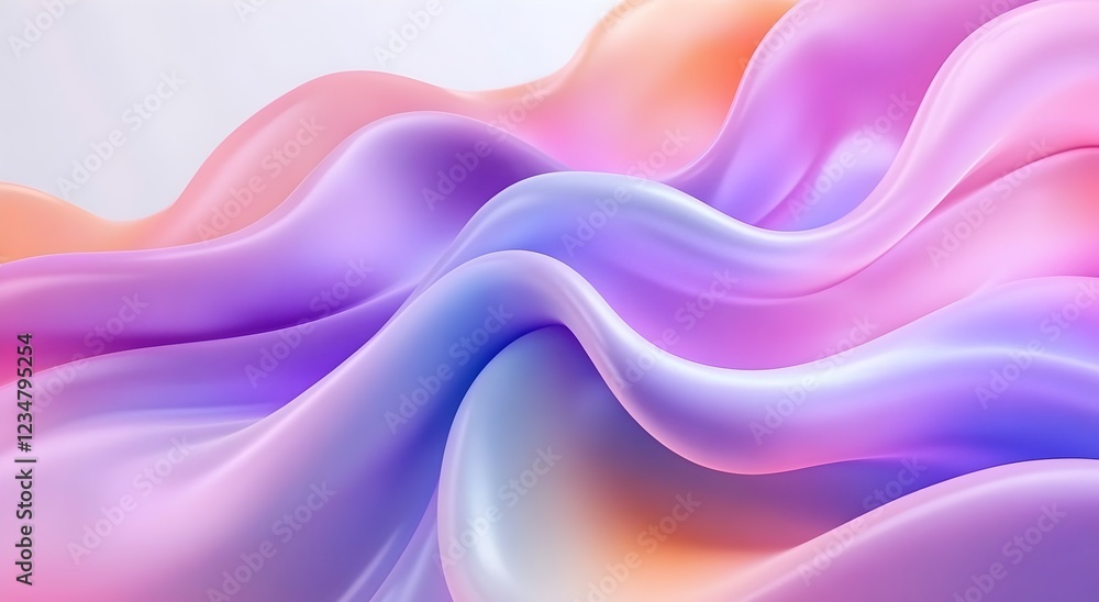 Obraz premium A smooth, wavy abstract design with a silky texture. The gradient colors blend seamlessly, featuring soft shades of purple, pink, blue, and orange, creating a dreamy, fluid aesthetic.