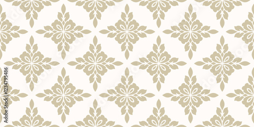 Golden floral ornament. Simple elegant seamless pattern with abstract flower silhouettes, foliage, repeat tiles. Luxury gold and white vector background in damask, oriental style. Exquisite geo design