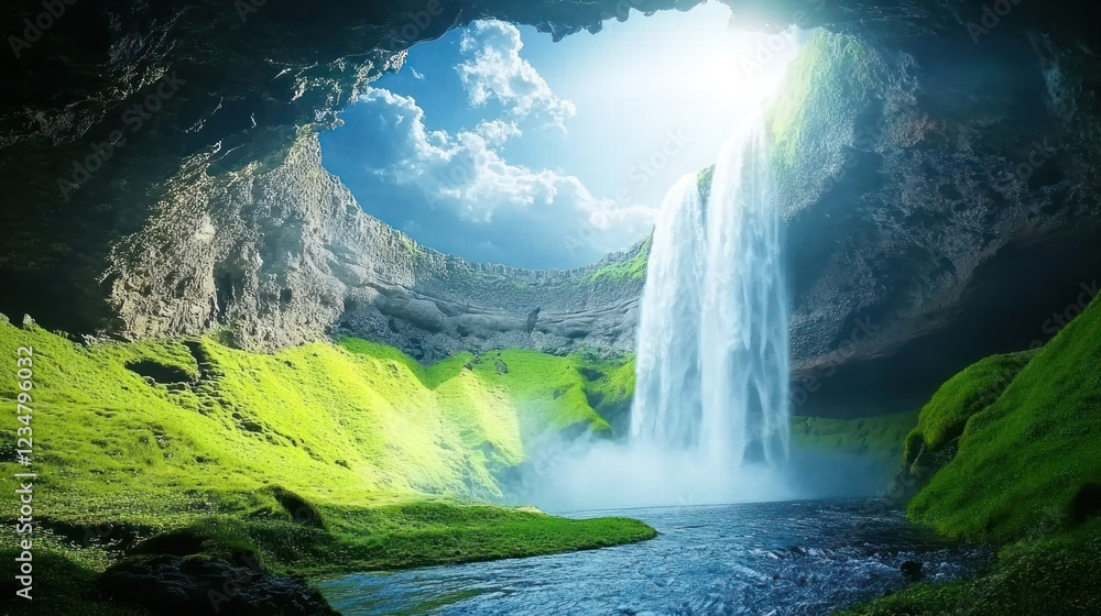 Fototapeta premium Waterfall cave Iceland nature scenic background travel