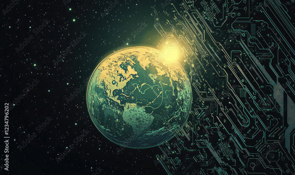 Fototapeta premium Futuristic Green Planet with Digital Circuitry - Sci-Fi Concept