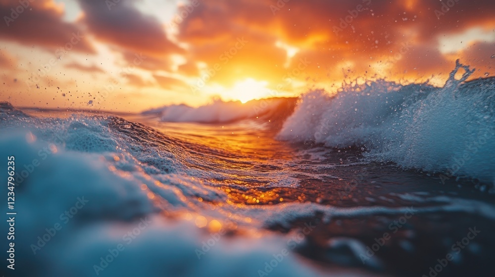 Fototapeta premium Ocean waves crash against the shore during an orange sunset over water