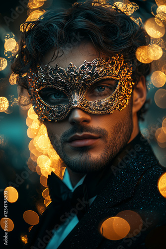 Handsome men in suit wearing a carnival mask