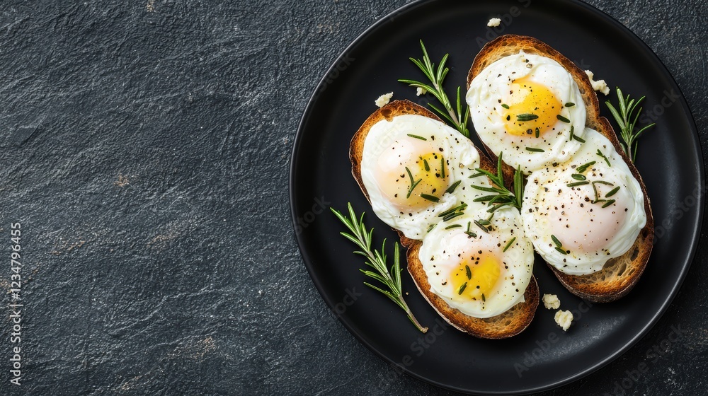 A plate of toasted bread topped with poached eggs, garnished with herbs, set against a dark background. A plate of toasted bread topped with poached eggs, garnished with herbs, set against a dark background.