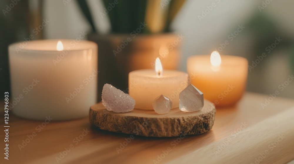 A wooden table with candles and crystals on it A wooden table with candles and crystals on it