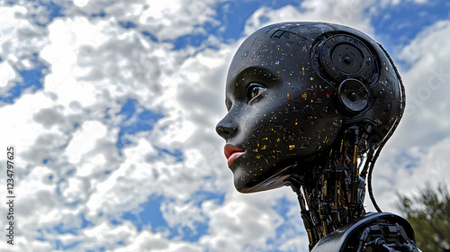 Robot head silhouette against a cloudy sky with a mix of blue and white hues showcasing a futuristic design blending technology and art in a captivating way.